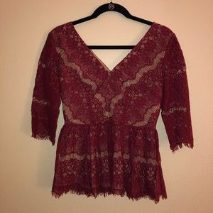 Red Lace Zip-Up Blouse